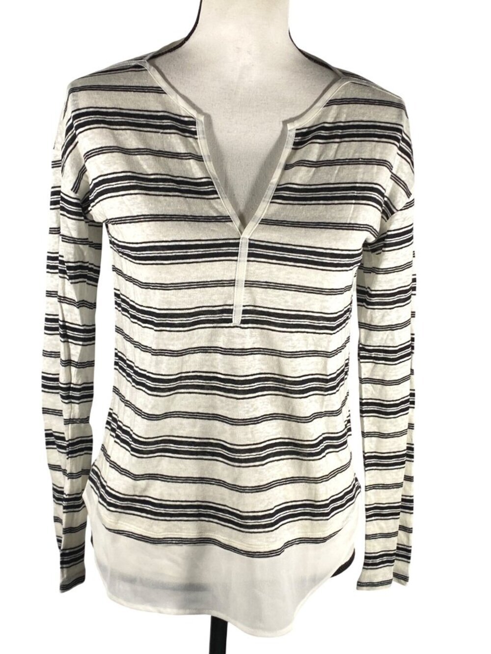 Sanctuary linen blend Striped V-Neck Long Sleeve Top XS Black White New